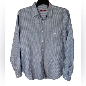 7 For All Mankind Men’s Linen Blend Casual Button Down Navy Striped Shirt Sz L
